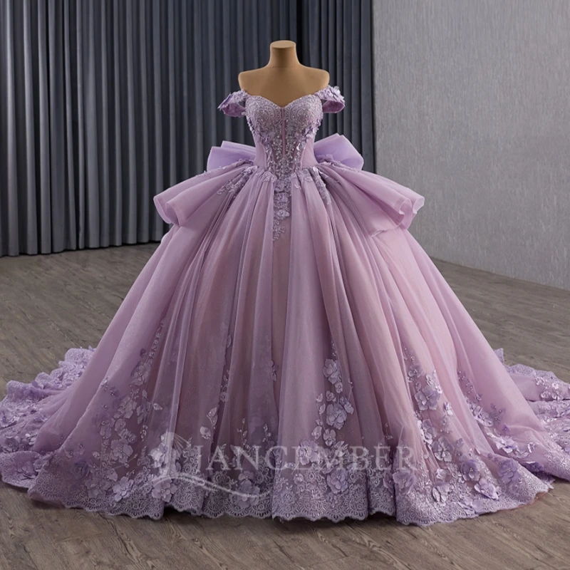 

Lilac Shiny Quinceanera Dresses Ball Gown Off The Shoulder Applique Flower Beads Tull Bow Party Birthday Sweet 16 Dress Vestidos