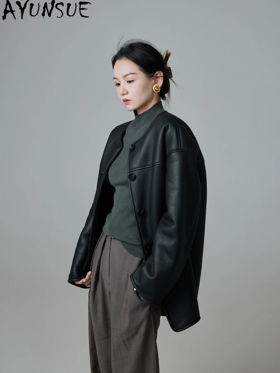 AYUNSUE Echte Schapenvacht Bontjas Vrouwen Echt Leren Jas Middellange Winterjassen 2025, Luxe Kleding Vrouwelijke omegaба Ж Diego