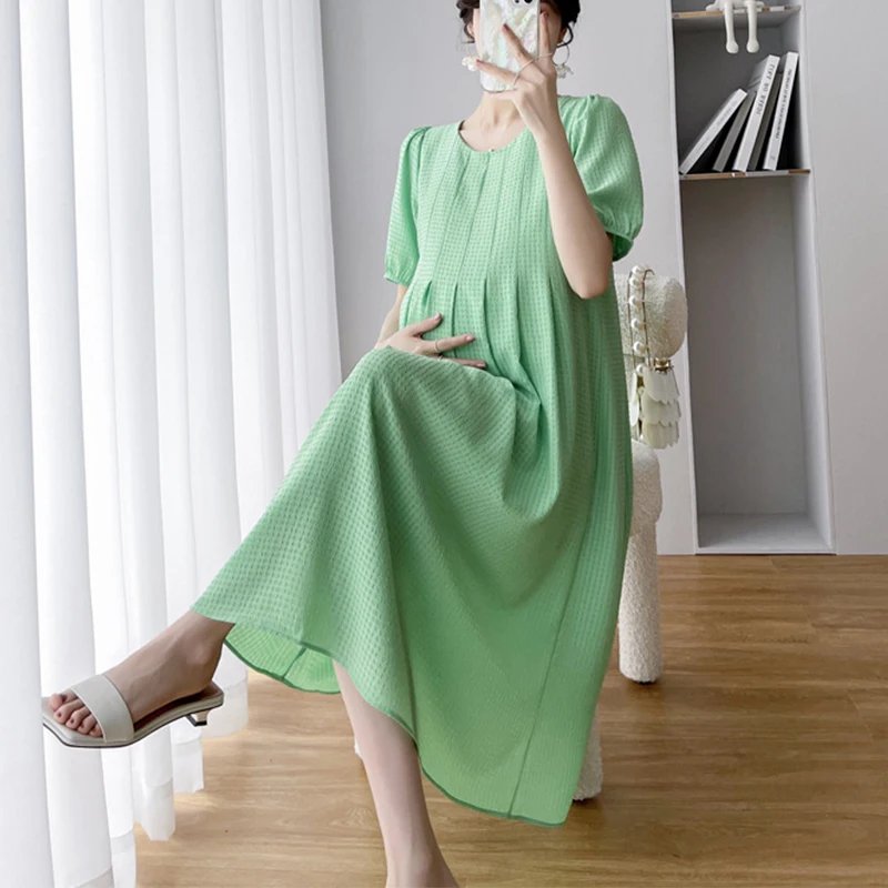 Maternity Round Neck Chiffon Loose Solid Color Maternity Dress Summer New Solid Short Sleeve Loose Pregnancy Clothes