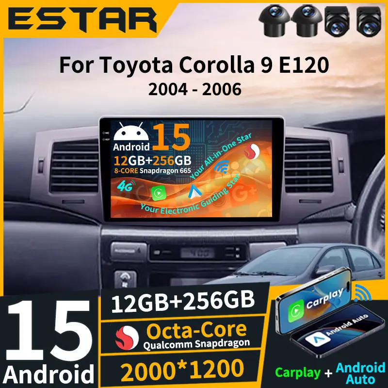 Android 15 Car Radio For Toyota Corolla 9 E120 2004 - 2006 Wireless Carplay Auto 2K QLED BT Multimedia Head Unit 2din Navigation