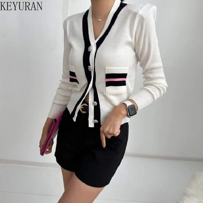 2024 Autumn Striped Sweater Women Korean Chic Color Matching Button V-neck Slim Long Sleeve Crop Top Y2k Knitted Cardigan Jacket