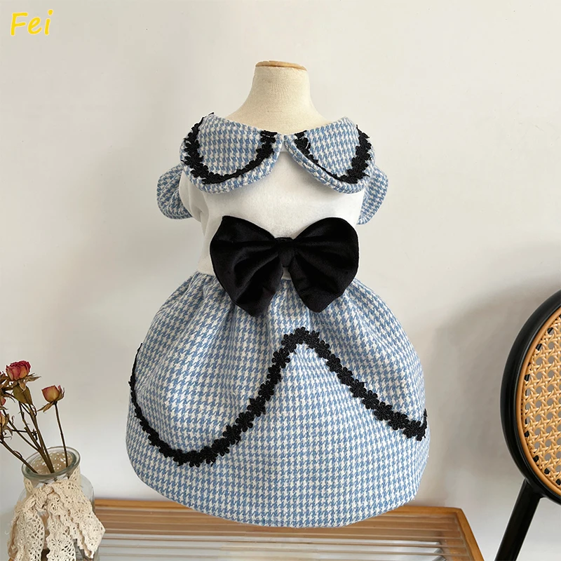 

Pet Princess Tutu Dress: Blue-White Patchwork Plaid Bow, Warm Custom Costume for Winter Festival Party - Handmade for Dogs & Cat
