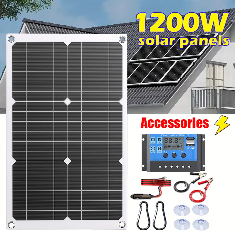 

1200W Solar Panel 12V Battery Charger Dual USB With 10A-100A Controller Solar Cell Outdoor Camping for Phone Car Yacht RV Hiking