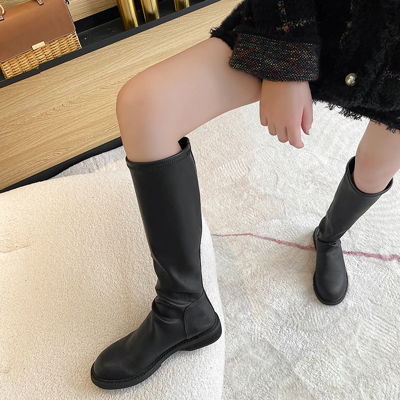 New Fashion Pleated Boots Elastic Soft Leather Stretch Boots Female Genuine Leather Outdoor Knee-length High Boots Women Shoes