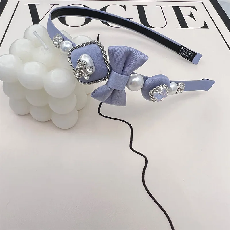 Korean Hair Accessories High Feeling Sky Blue Cloth Bow Rhinestone Imitation Pearl Gentle BB Clip Girl Hair Hoop Sisters Gift