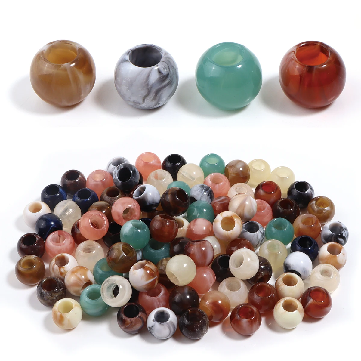 50 peças de contas acrílicas de 12x10mm, dupla cor, imitação de jade, com furo grande, redondas, soltas, para fabricação de joias, pulseiras DIY e chaveiros.
