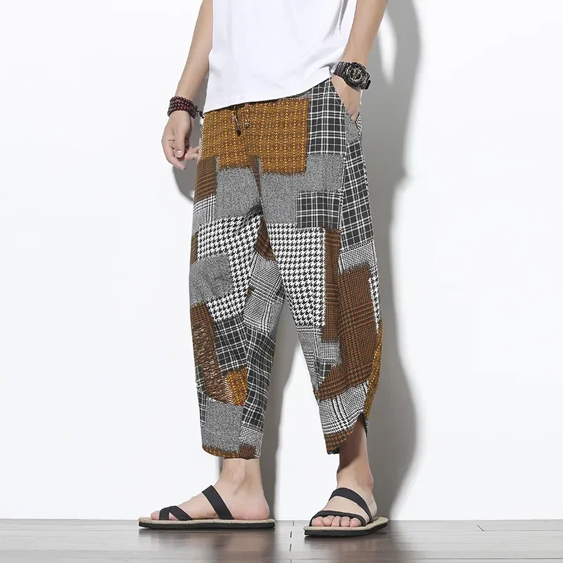 

Мужские брюки-шаровары в китайском стиле из хлопка и льна с лоскутным узором, свободные, больших размеров, укороченные, коричнево-серые