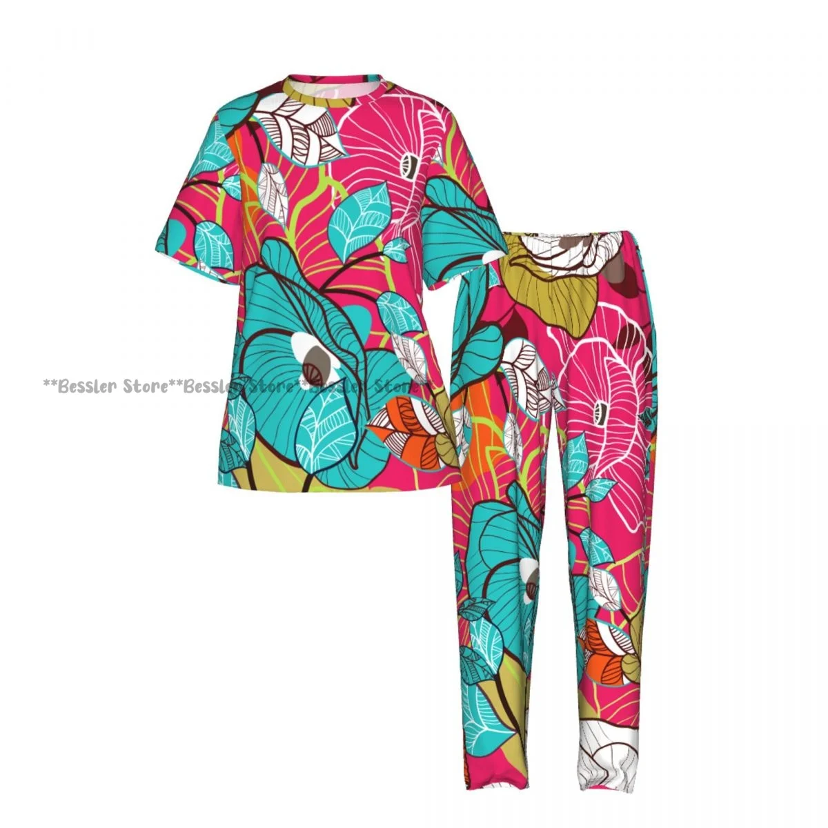 Women's Comfort Pajamas Women's Colorful Floral Texture Short Sleeve Set Sleepwear