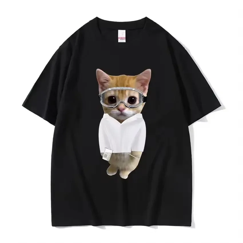 Cute Scientist Cat Graphic T-shirt Unisex Ginger Kitten with Safety Goggles Coat Print Casual Summer Short Sleeve Streetwear Tee