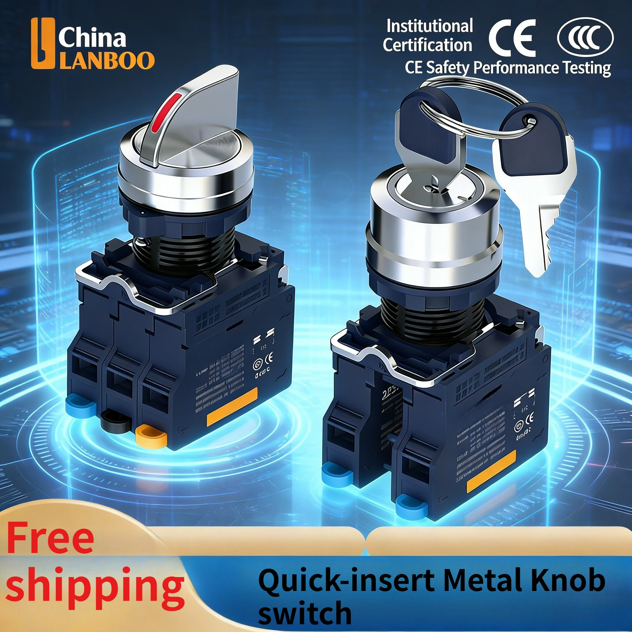 LANBOO 2/3 Gear Key Head Knob Latching Push Button Switch with LED Green Blue 1NO1NC 2NO2NC 9-24V 220V