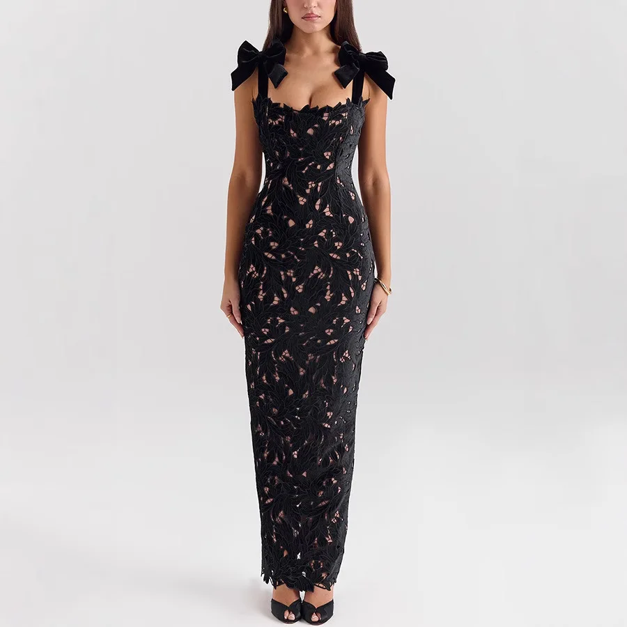 Damenmode, ärmellos, Spitze, Schleife, Träger, Maxikleider, Urlaubs-Outfits, figurbetontes Hüftwickelkleid, schlanke lange Roben, Partykleider