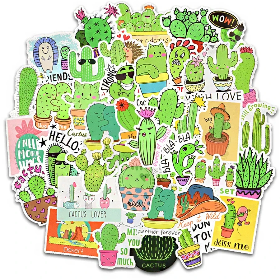 50Pcs Cute Cactus Stickers Green Plant Stickers Vinyl Waterproof Decals Stickers for Laptops Travel Suitcase Macbook Guitar Cars