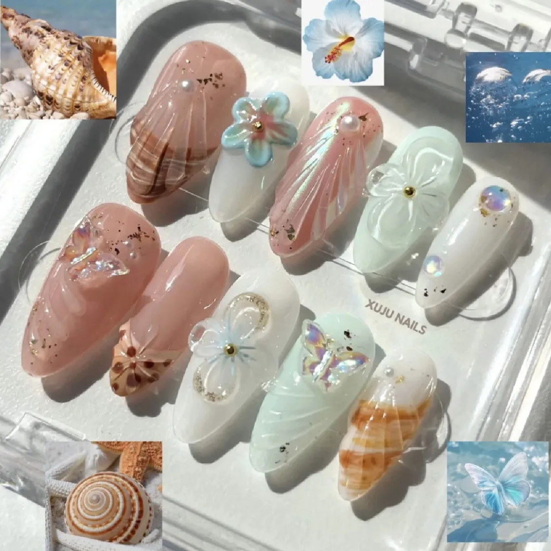 

24PCS Mint Pink Press on Nails Medium Almond Fake Nails with Iridescent Butterfly Hibiscus Shell Accents Dreamy Mermaid Nail Art