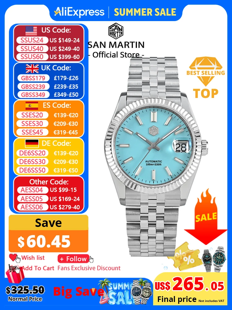 San Martin – montre habillée pour hommes, 36.5mm, marque de luxe, automatique, mécanique, mode Couples, saphir, étanche 100m, BGW9