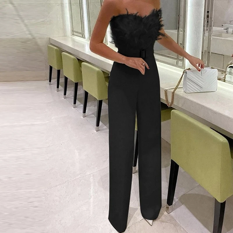 Sexy Elegant Feather Stitching Jumpsuit Women Summer 2022 New Sexy Sleevless Solid Color Pants Off Shoulder Blue Party Jumpsuits