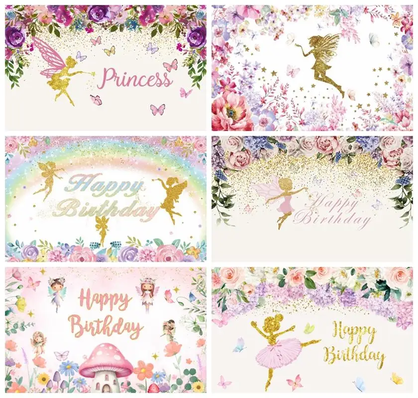 

Laeacco Pink Fairy Tale Garden Elf Backdrop Watercolor Flower Butterfly Girl Birthday Portrait Customized Photography Background