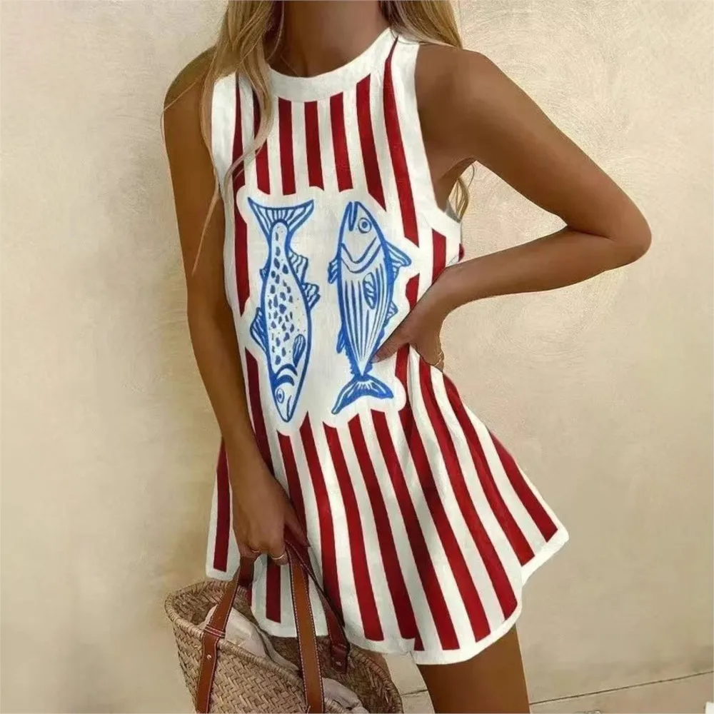 Summer New Round Neck Sleeveless Women's Shirt Dress Ocean Element Casual Mini Dress Fashion Sleeveless Beachdress Vestido Mujer