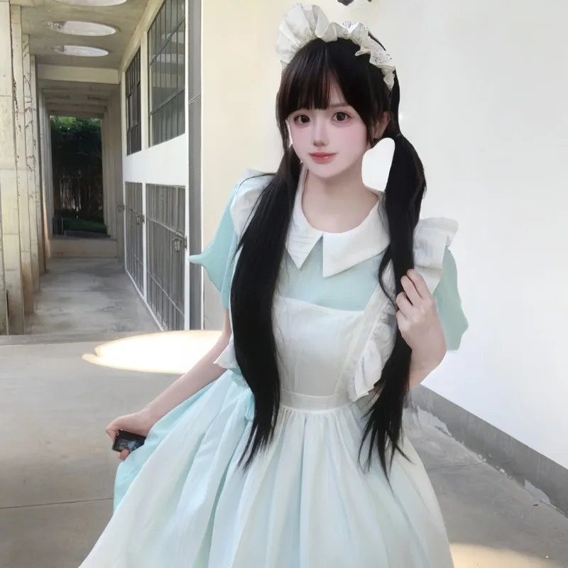 Long Pink White Maid Dress with Peter Pan Collar Ruffle Apron Maxi Skirt Vintage Lolita Style Party Cosplay Costume - view 2
