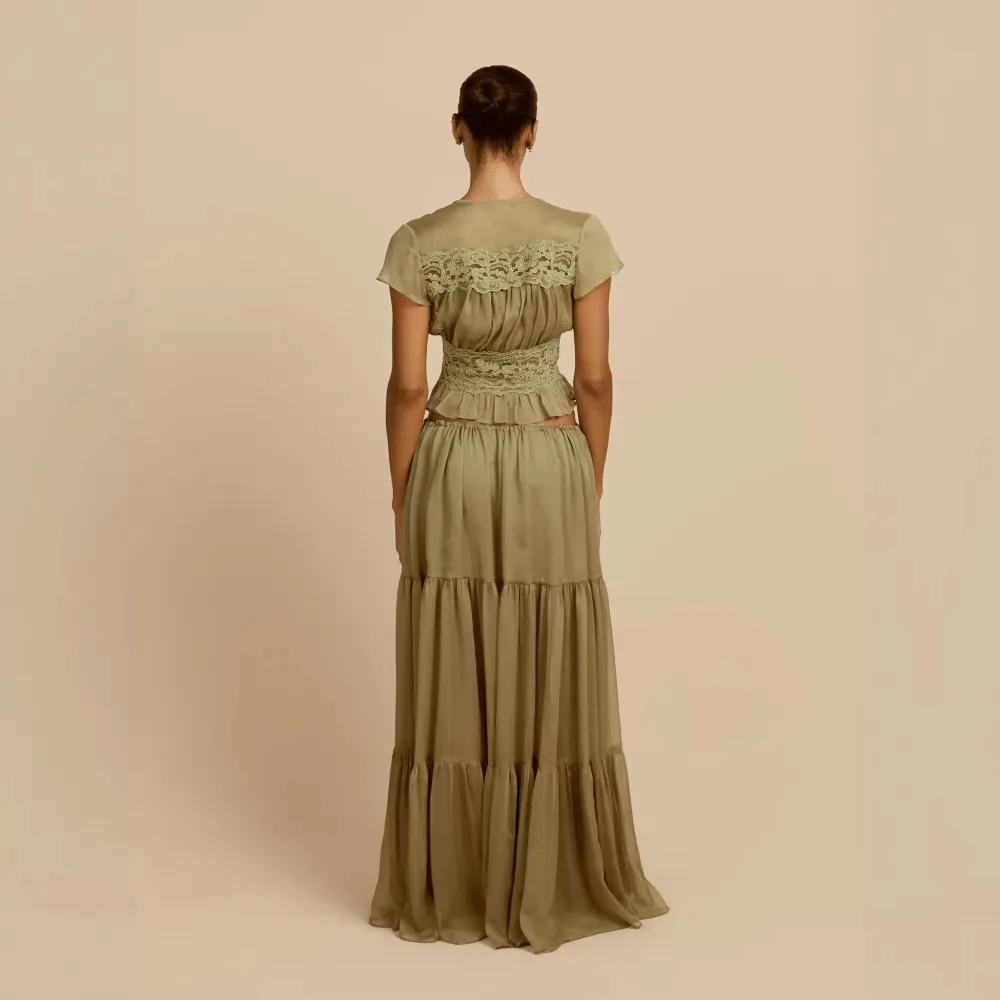 Sexy V-neck Waist-cinching Independent Station Cross-border Women's Clothing Set with Drawstring Long Skirt Holiday Style Dress