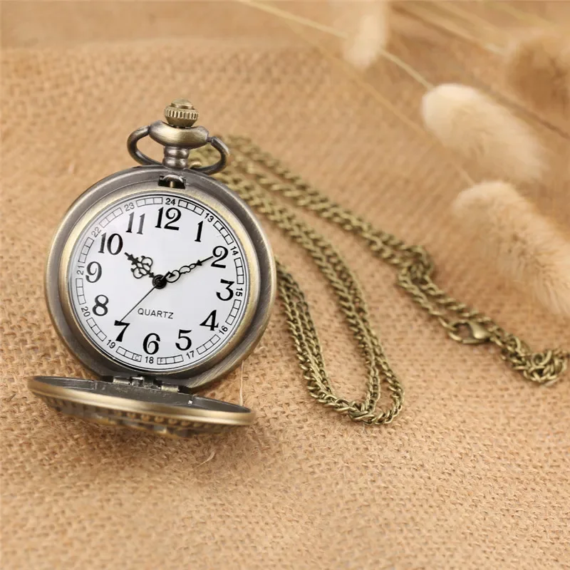 Classic Hollow-Out Flower Cover Arabic Number Quartz Pocket Watch for Men Women with Sweater Necklace Chain Timepiece