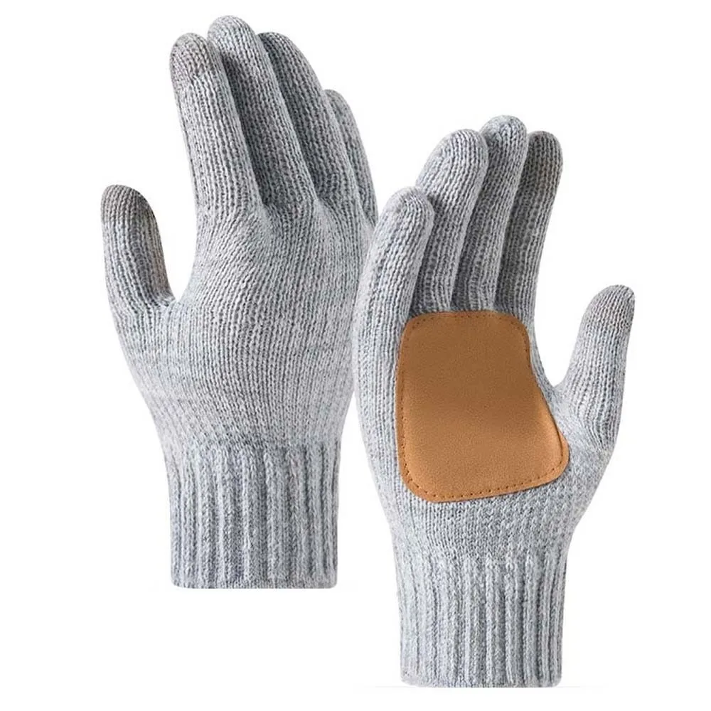 Leather Patch Touchscreen Gloves Solid Color Knitted Wool Winter Knit Mittens High Quality Elastic Cuff Woolen Warm Gloves