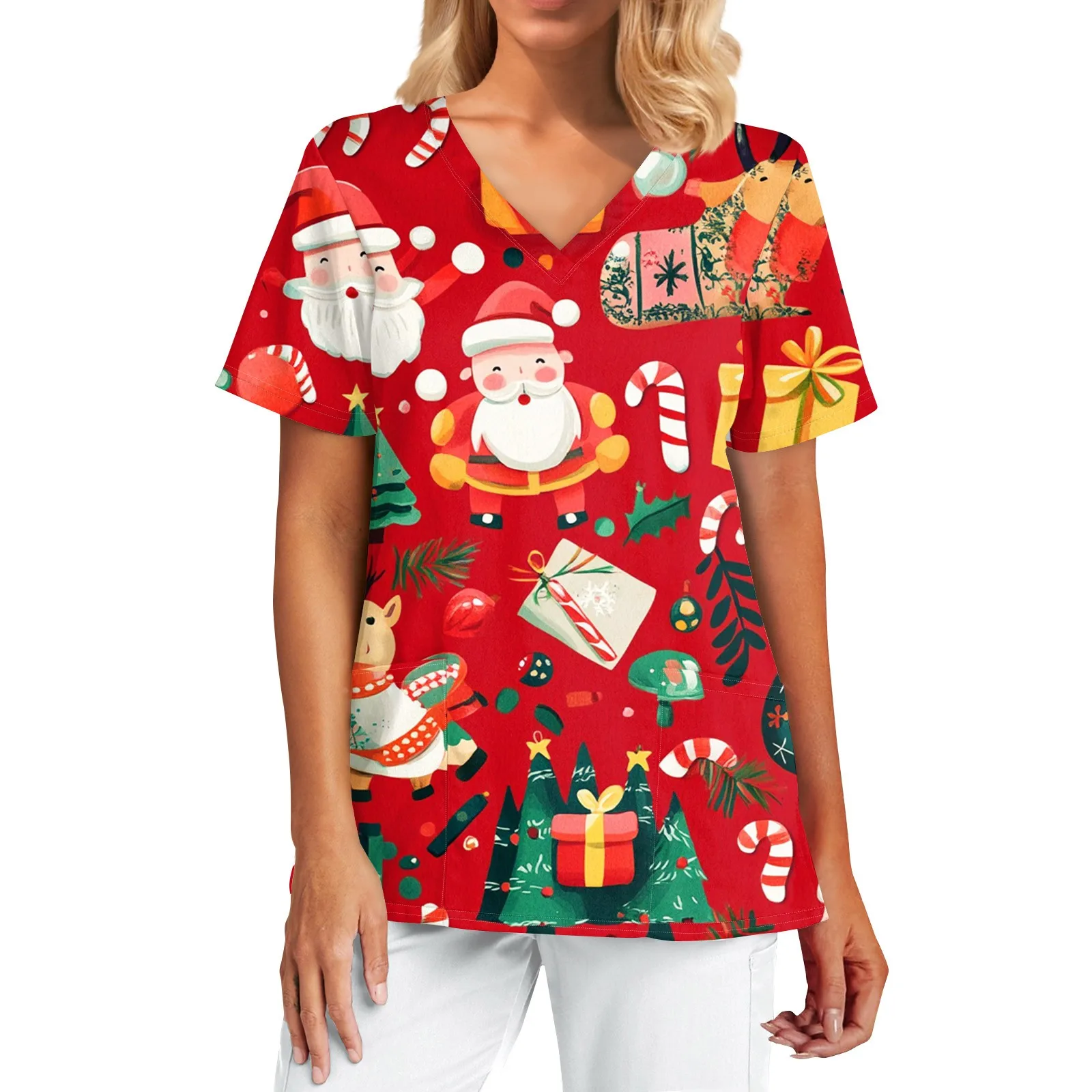Uniforme sanitário mulher bonito papai noel estampas com decote em v bolsos de manga curta em material micro-elástico topos uniformes clínicos