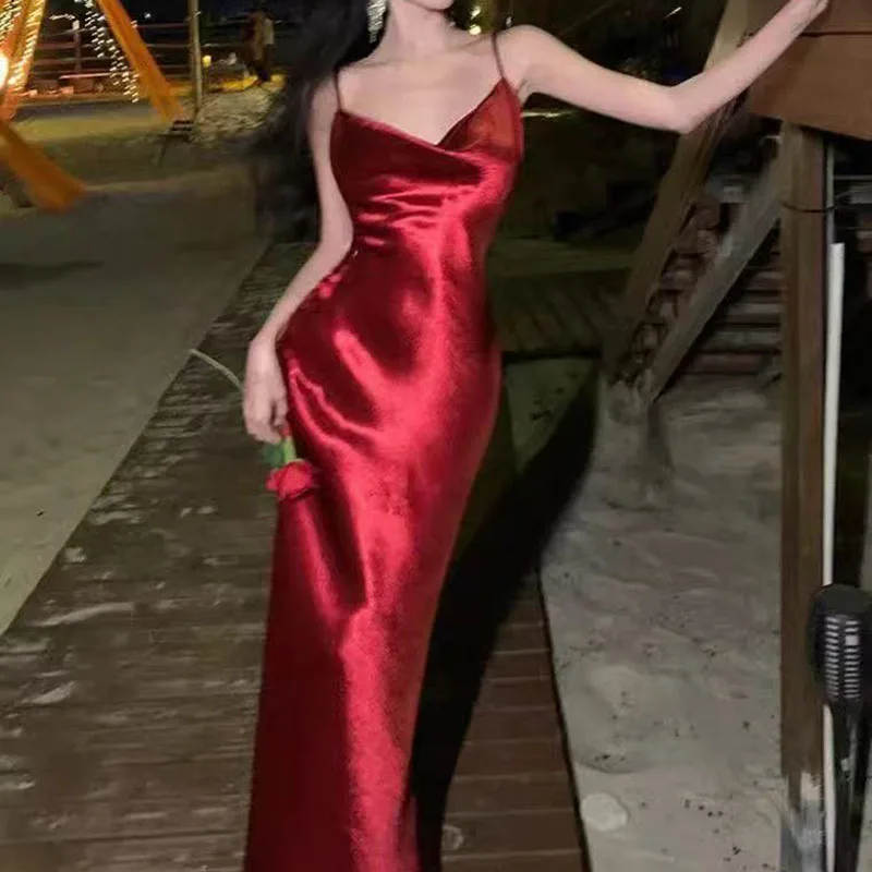 

Women Red Satin Long Dresses Sexy Backless Sleeveless Spaghetti Strap Dress Female 2025 Summer Elegant Evening Party Vestidos