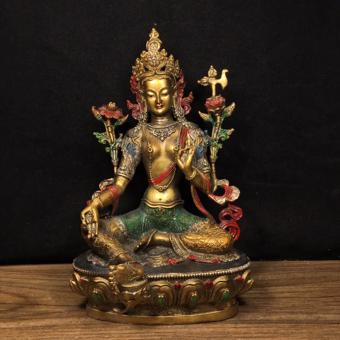 

Tibetan old bronze Buddha bronze painted twenty-one green Tara Guanyin Buddha ornaments home Buddhist supplies jewelry 21cm