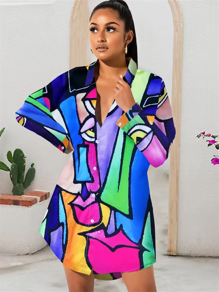 New Fashion Spring Summer Women Print Midi Shirt Ladies Womens Holographic Casual Office Floral Shirt Cardigan Long Sleeve Tops