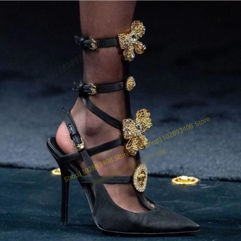 

Run Way Gold Crystal Butterfly Knot Decor Sandals Hollow Buckle Strap Thin High Heel Women Shoes 2023 Sexy Zapatos Para Mujere