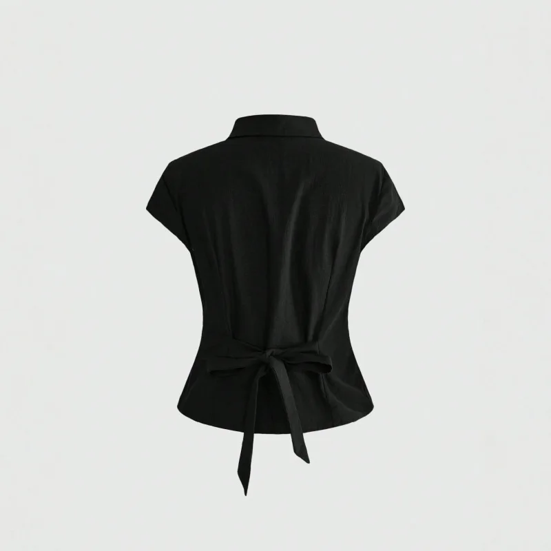Chinese style contrasting color plate buckle back bow tie tie, waist cinching fly sleeve top, new Chinese style short shirt vest