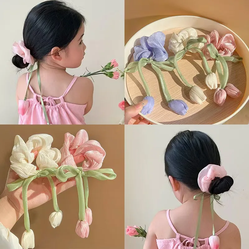 

Cuerda para el pelo de tulipán de rosa para niña, диадема atada a mano, lazo, borlas de flores, аксессуары для el cabello, dulce,