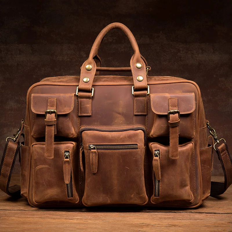 New large-capacity computer bag crazy horse leather messenger bag leather leisure travel bag leather retro handbag