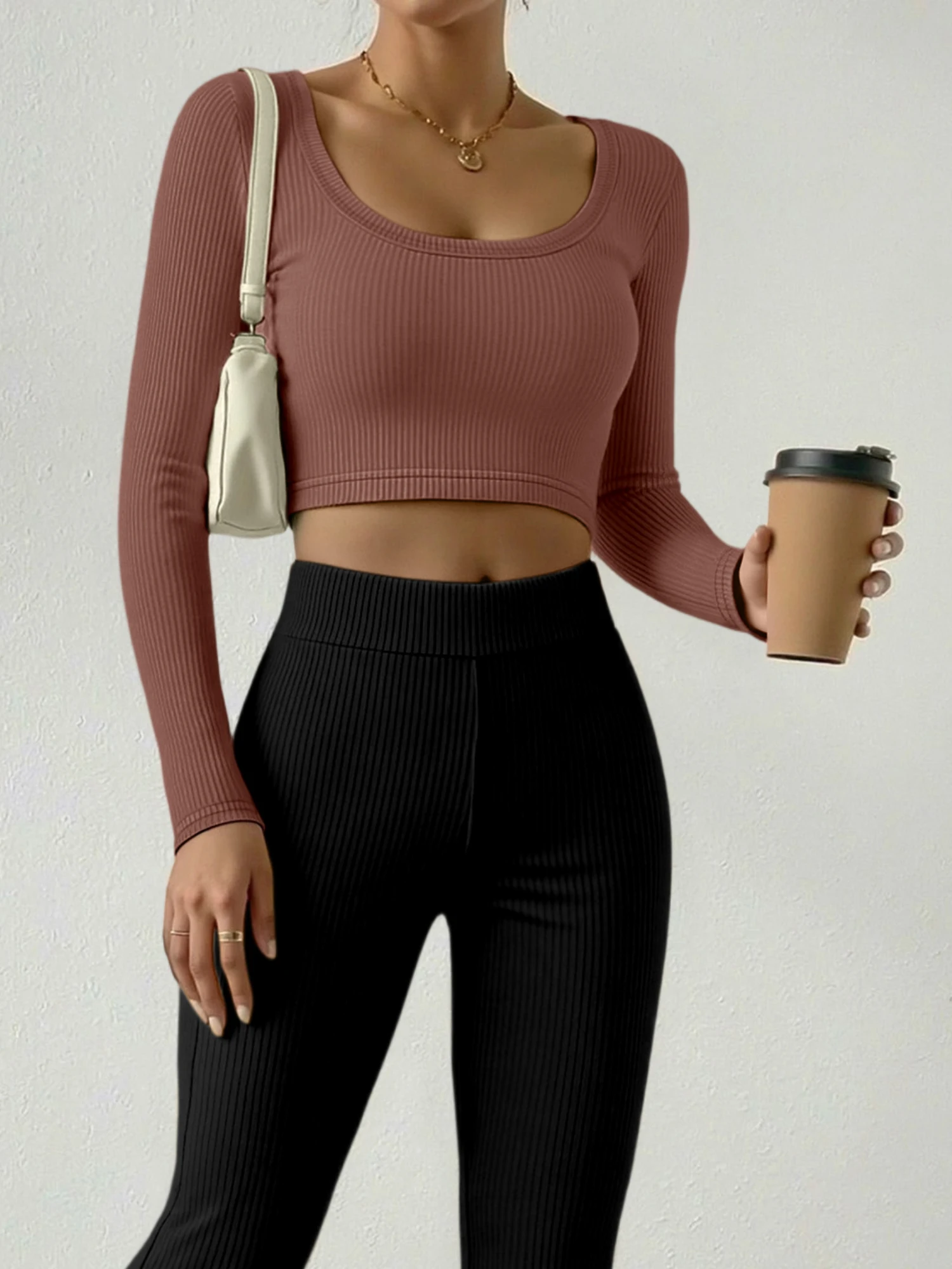 Street Hip Hop Style Solid Color Cropped Long Sleeve Shirt Women Ribbed Slim U Neck Bodycon Crop Tee