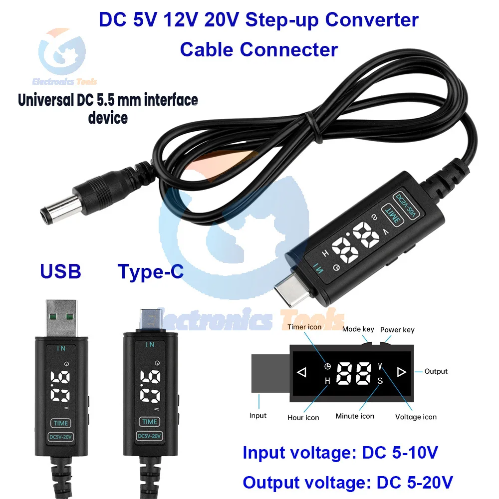 DC 5V-10V to DC 5V-20V USB Step-up Converter Cable Connecter USB Boost Converter For Power Supply Charger Power Converter