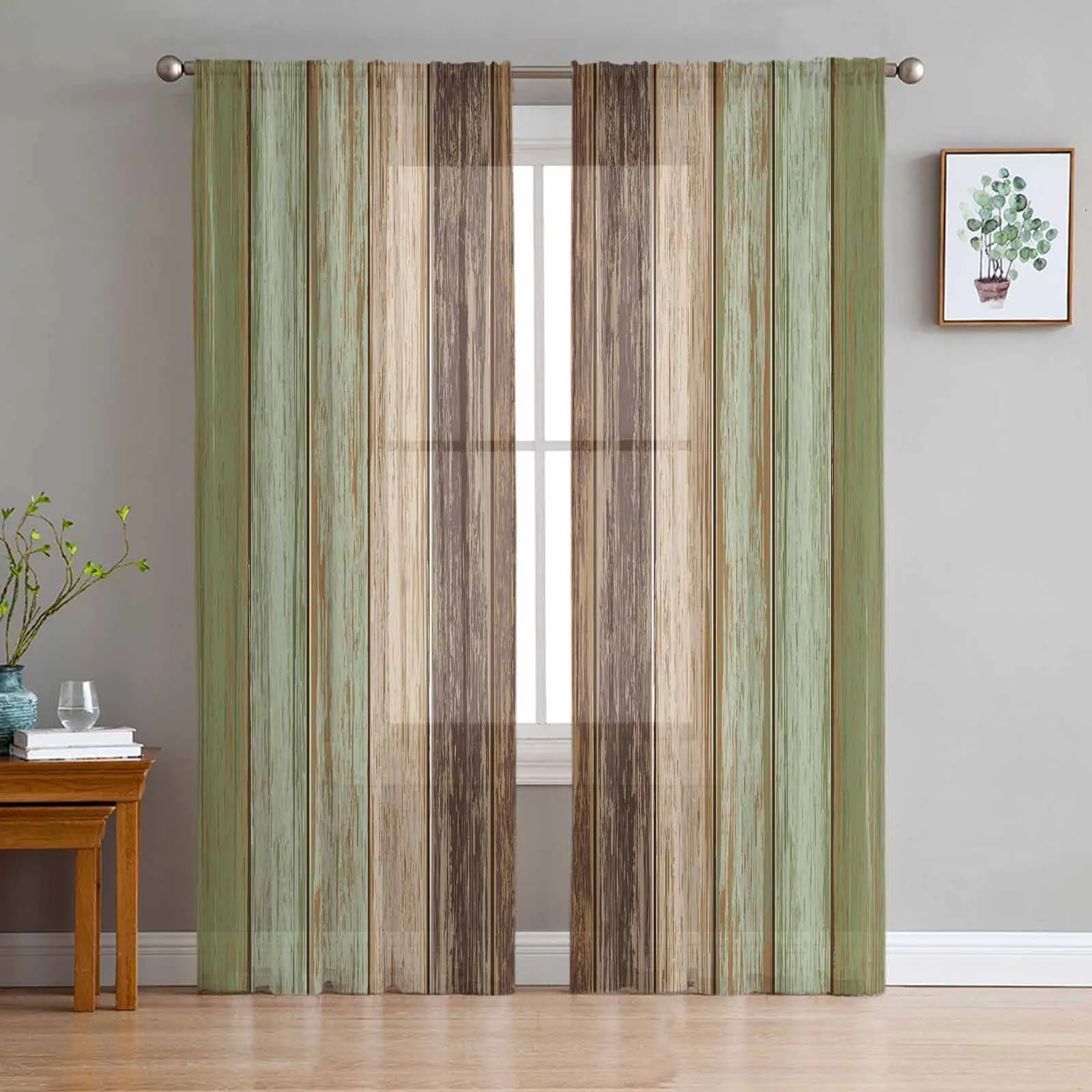 

Sage Green Retro Wood Grain Sheer Curtains for Living Room Bedroom Window Treatment Kitchen Chiffon Curtain