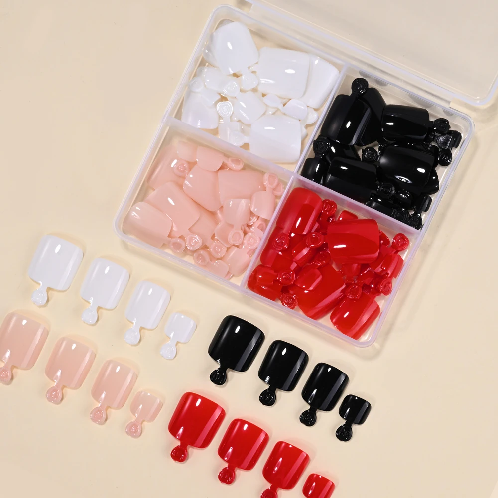 96 pezzi lucido nero rosso stampa sulle unghie dei piedi corto quadrato unghie dei piedi finte copertura completa tinta unita acrilico unghie dei piedi estive 5-16,7 mm Y2