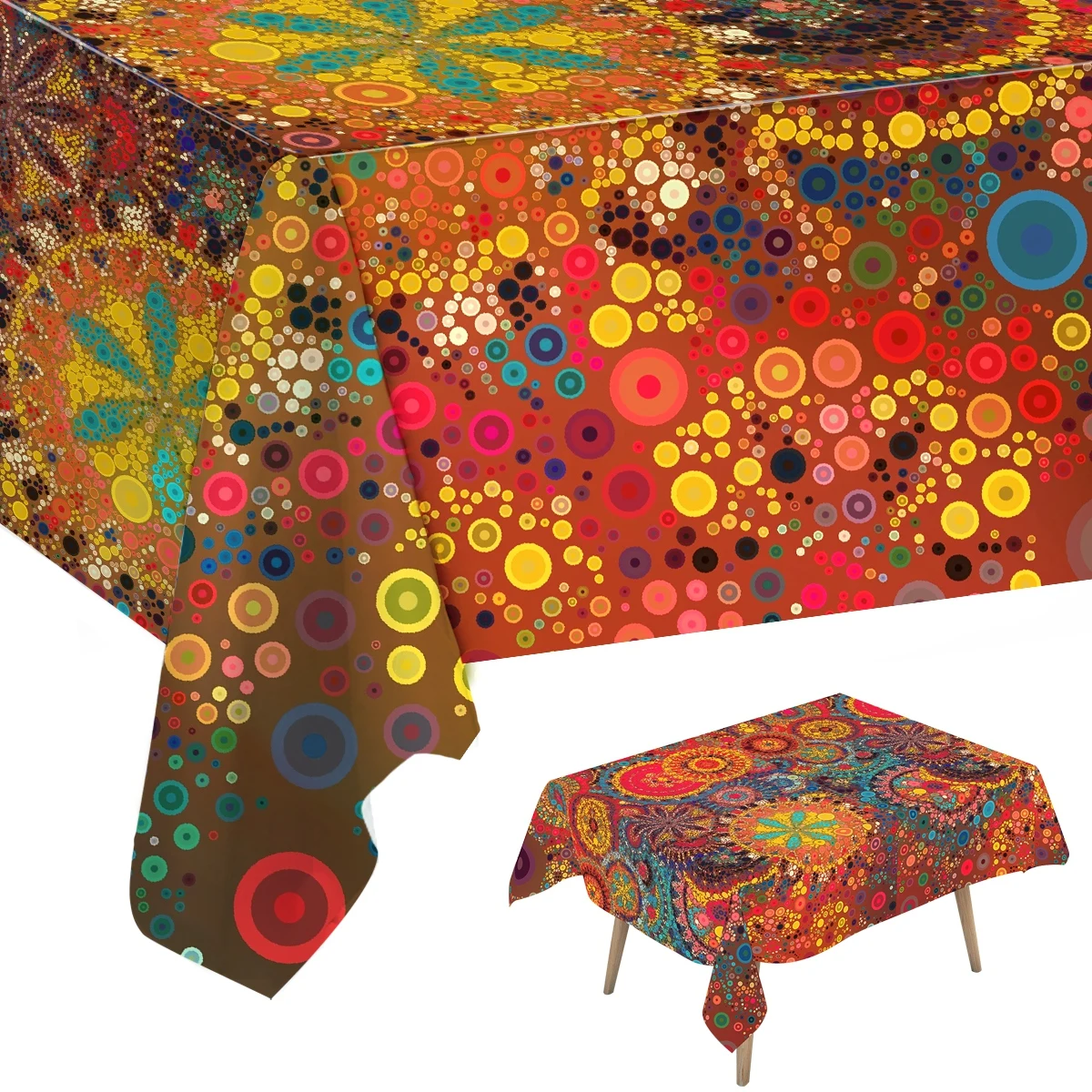 

Прямоугольная полиэстеровая скатерть в стиле бохо, Мандала, богемный цикл, красочная скатерть, фестиваль, праздничная вечеринка, скатерть, украшение дома