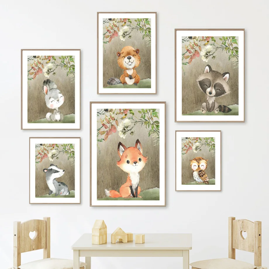 Woodland Forest Animal Raccoon Owl Marmot Nursery Wall Art Canvas Painting Nordic Posters And Print Wall Picture Kids Room Decor