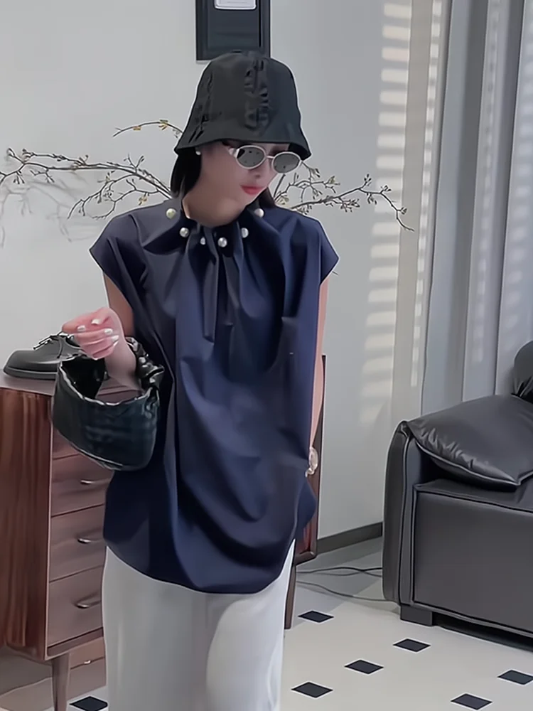 

Ele Stand Collar Pleated Beaded Svel irt Women's Summer New Loose Casual Faionable Trendy Top Korean Sle