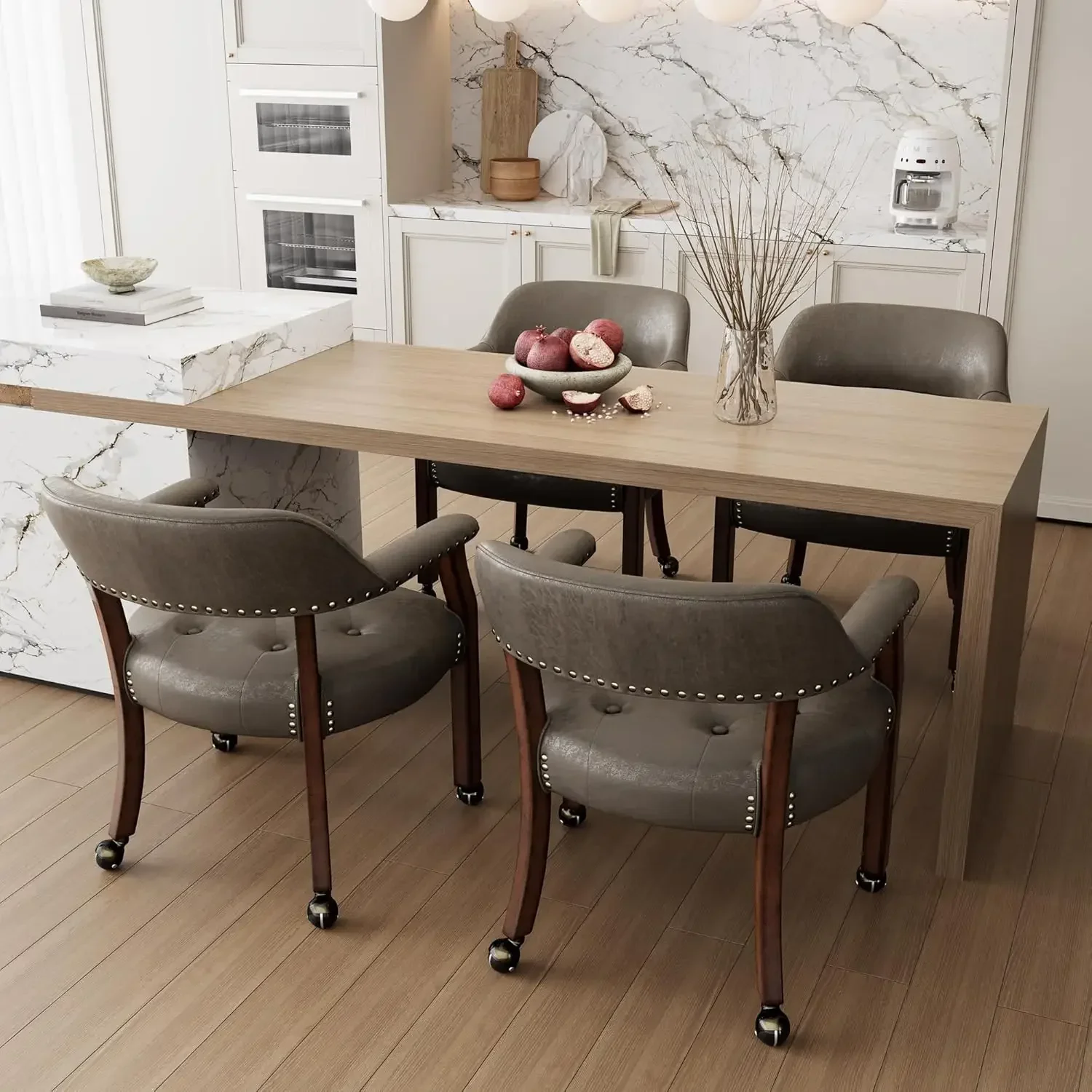 Dining Chairs with Casters and Arms, Upholstered Rolling Dining Chairs with Wheels for Elderly, Ergonomic Wide Seat Wooden Offic