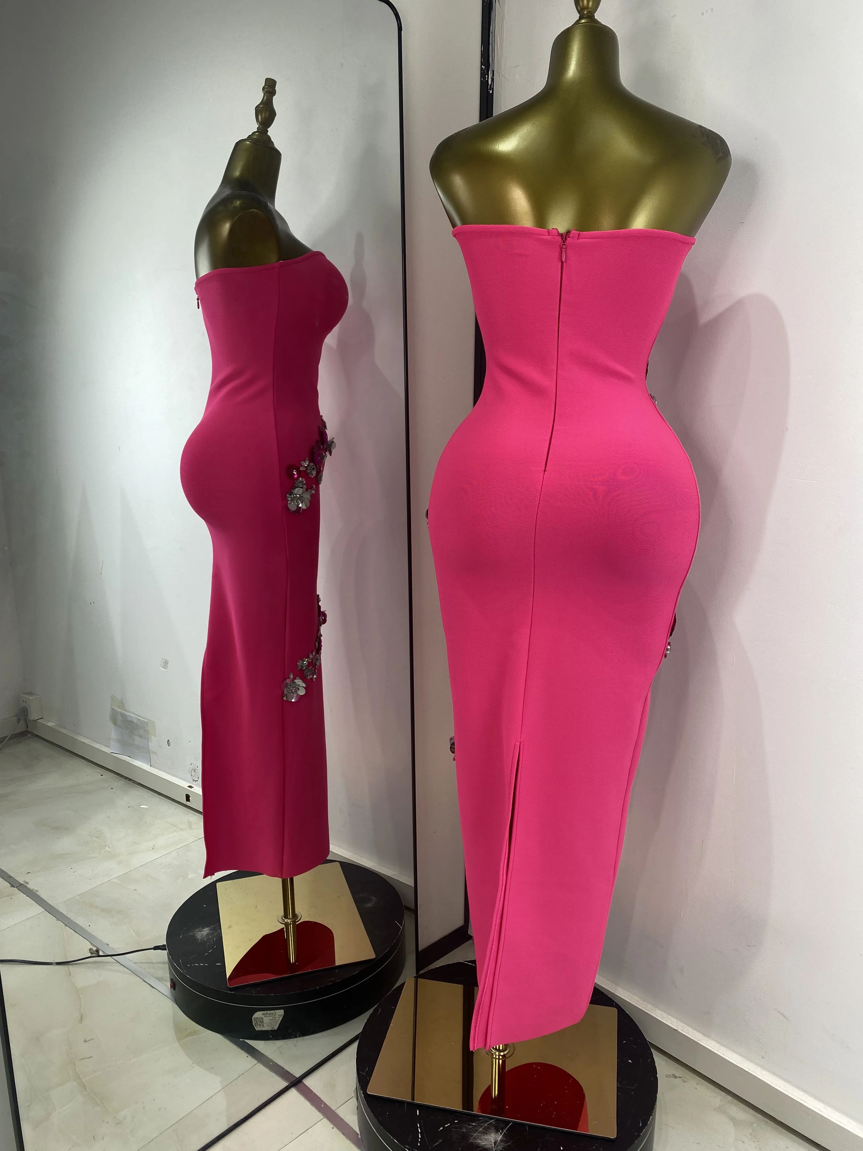 Women New Design Bandage Dress Hot Pin Straples Rhinestones Sequines Flower Long Birthday Celebrity Evening Club Party Dresses
