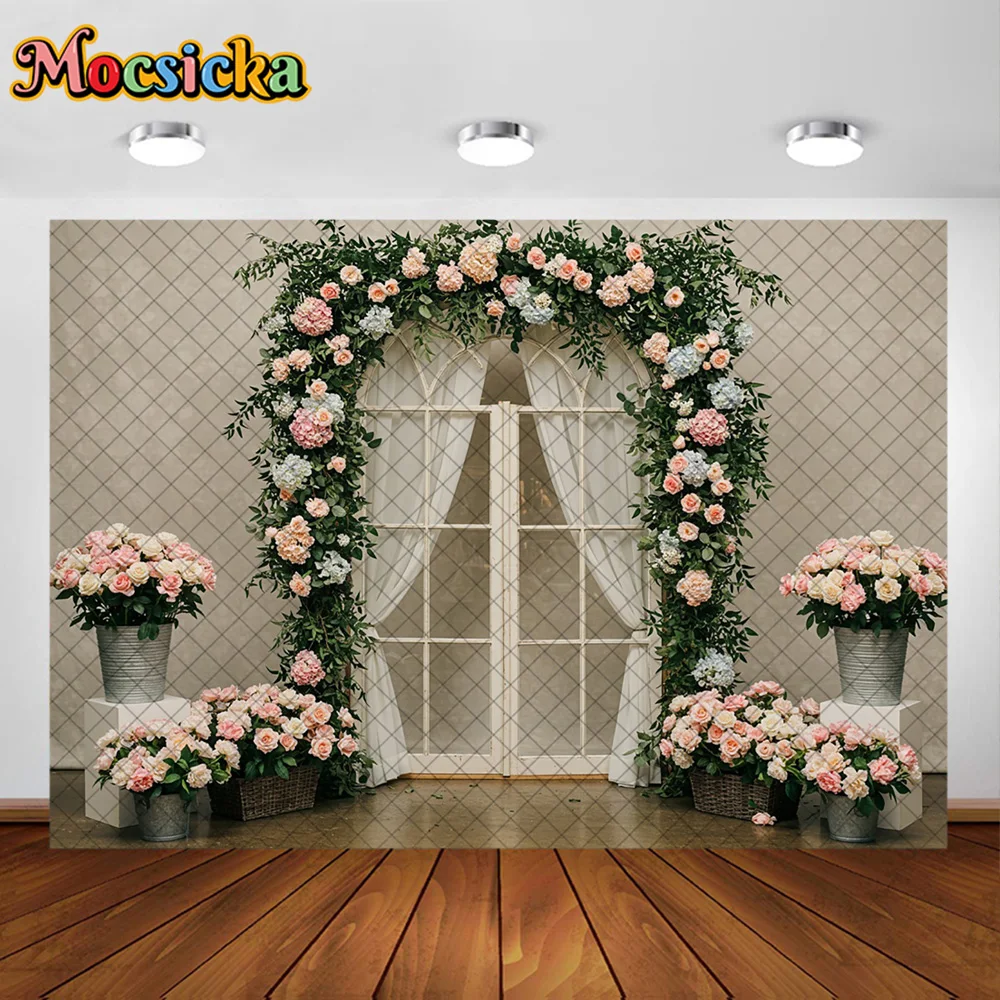 Mocsicka Photography Background  Floral Arch Doors Window Curtains Decoration Backdrop Adult Pregnant Women Portrait Studio Prop