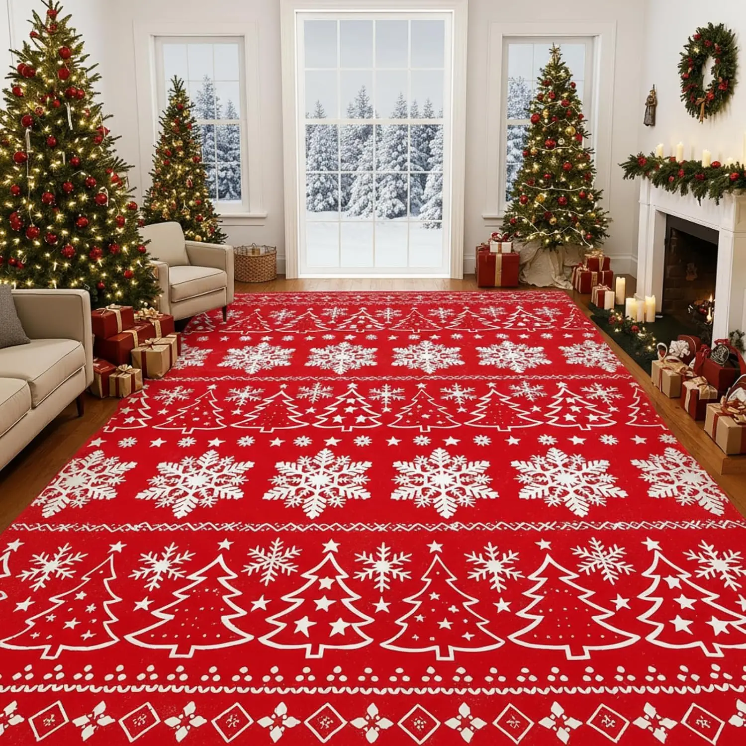 9x12 Extra Large Red Nordic Snowflake Christmas Tree Christmas Area Rug Washable Non Slip Rug Carpet for Kitchen Home Decor
