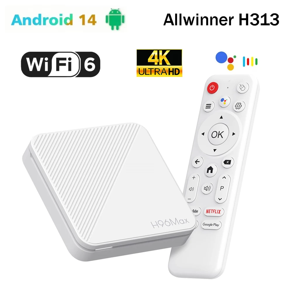 H96 MAX H313 صندوق التلفزيون الذكي أندرويد 14 ATV TV Box 4K Video Set Top Box 100M LAN Wifi6 BT5.0 صندوق مشغل الوسائط المساعد الصوتي