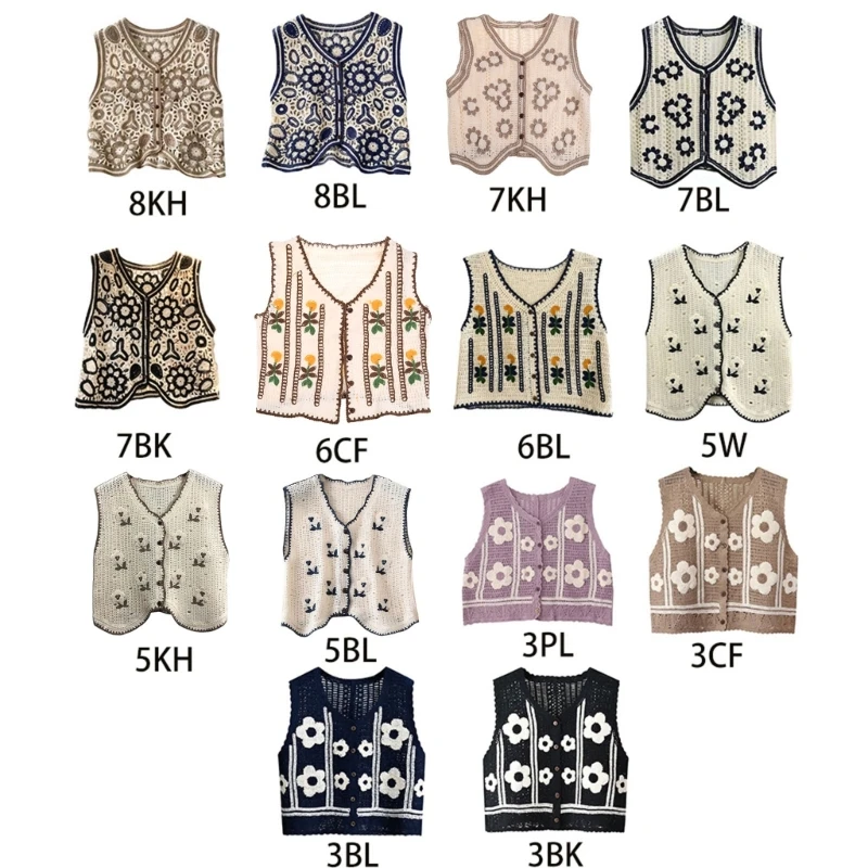 50JB Boho Women Crochet Knit Vest Waistcoat Floral Pattern Sleeveless V-Neck Cardigan