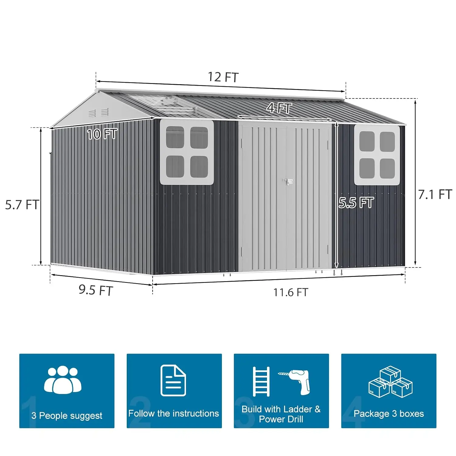12x10 FT Metal Storage Shed with Base Sunroof Window Lockable Door Vent Heavy Duty Frame Outdoor Waterproof Garden Tool Shed view 3