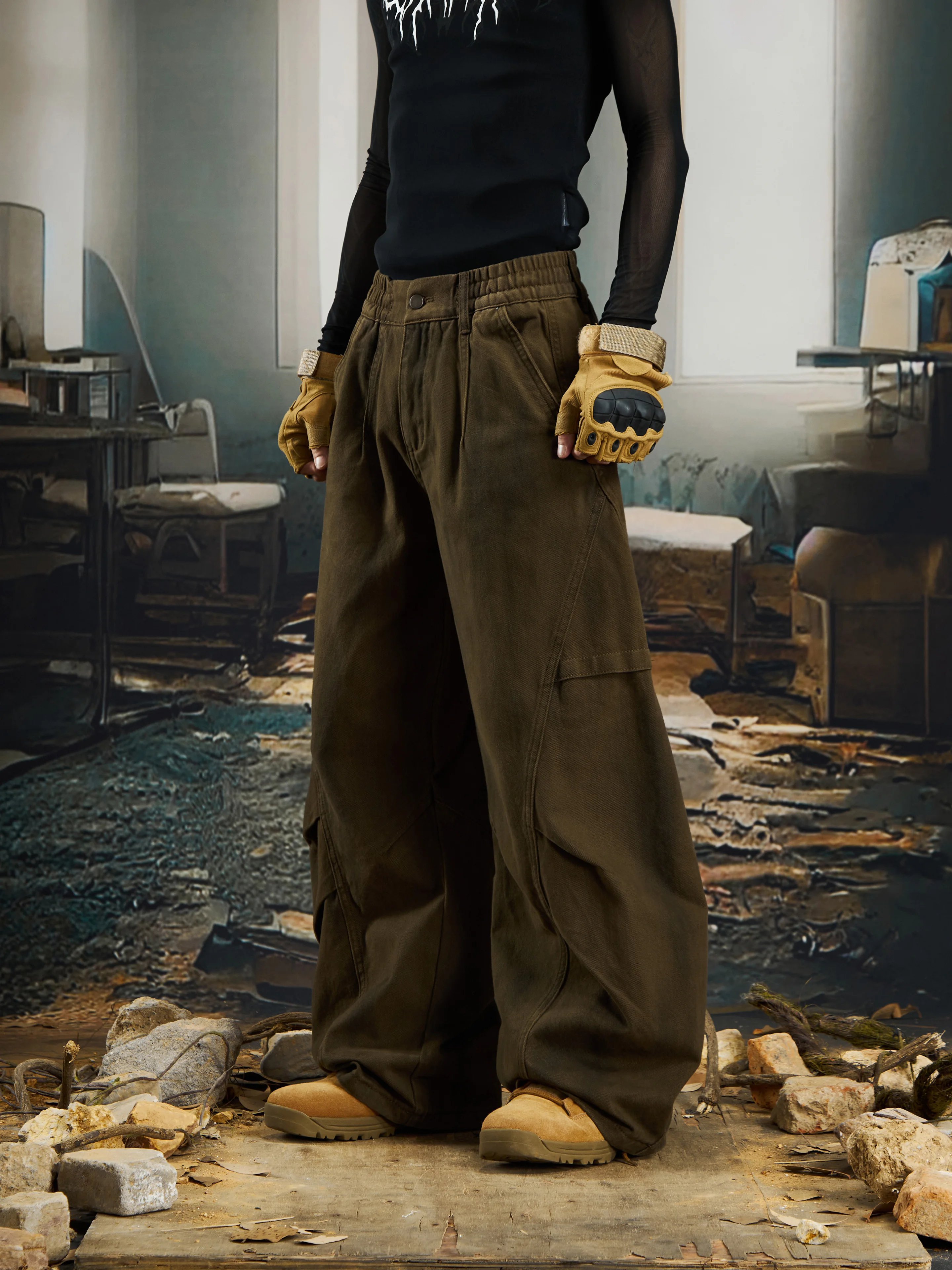 Special-Interest Design Side Pleated Layered Wide Leg Matchet Pants Jeans Dirty Dyed American Street All-Matching Trousers