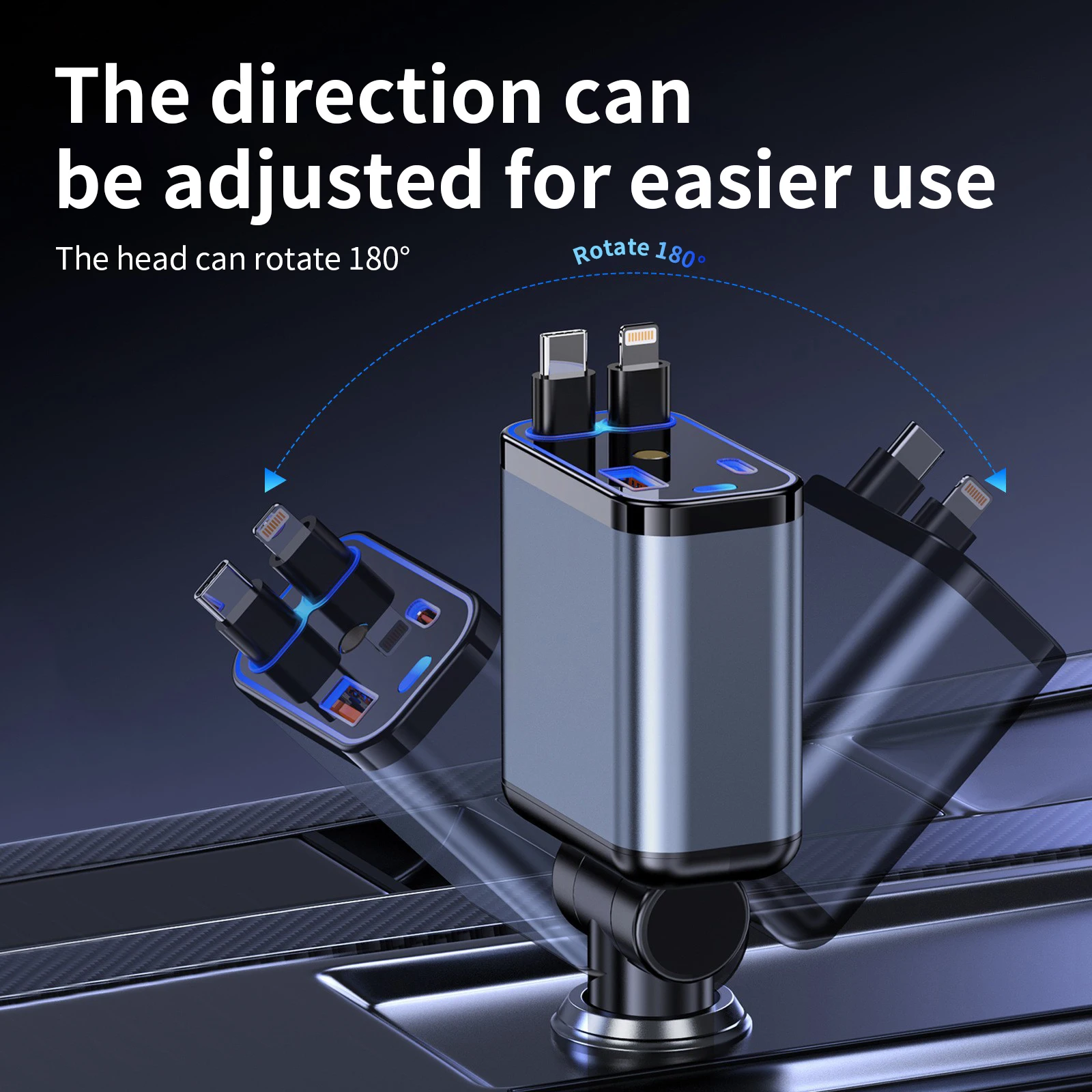 Multi‑Functional Car Charger with Starry‑Sky Projection Light,4‑Port Fast Charging,Built‑in Retractable Type‑C&Lightning Cables