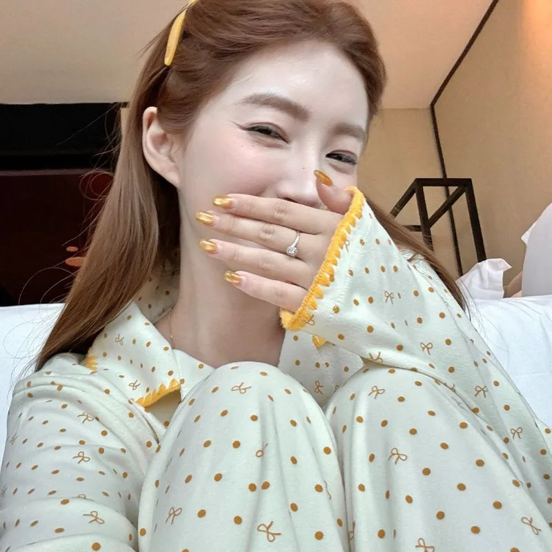 Women Autumn Polka Dot Casual Pajamas Long-Sleeve Warm Homewear Student Girls Woman Casual Home Outfit Set Loose Lady Pajama Set